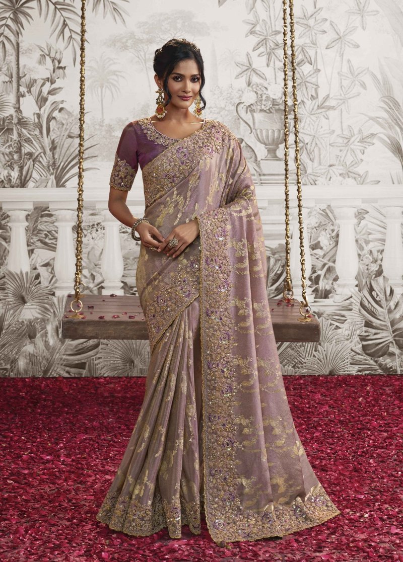 Light Mauve Heavy Embroidered Designer Silk Saree