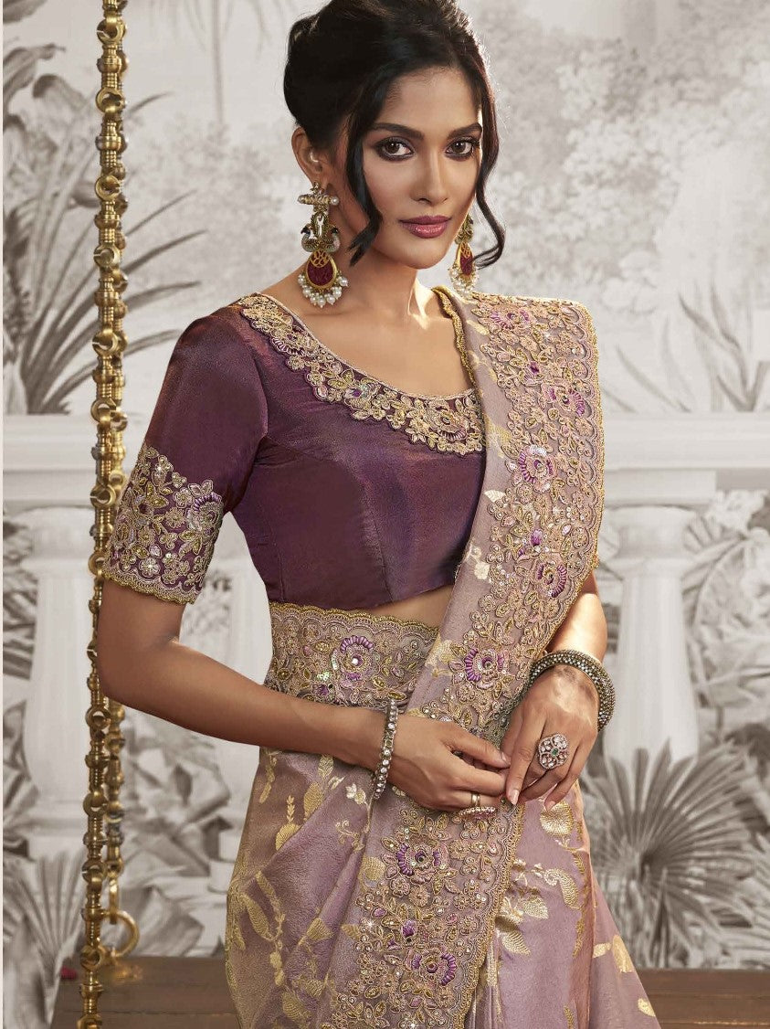 Light Mauve Heavy Embroidered Designer Silk Saree