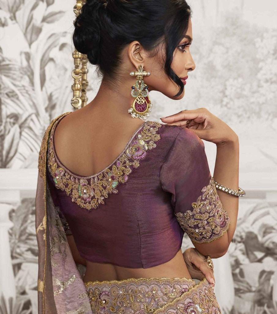 Light Mauve Heavy Embroidered Designer Silk Saree