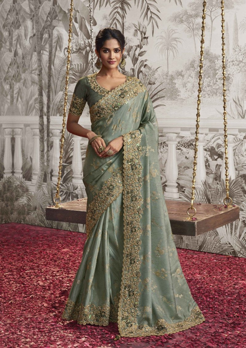 Mindy Green Heavy Embroidered Designer Silk Saree