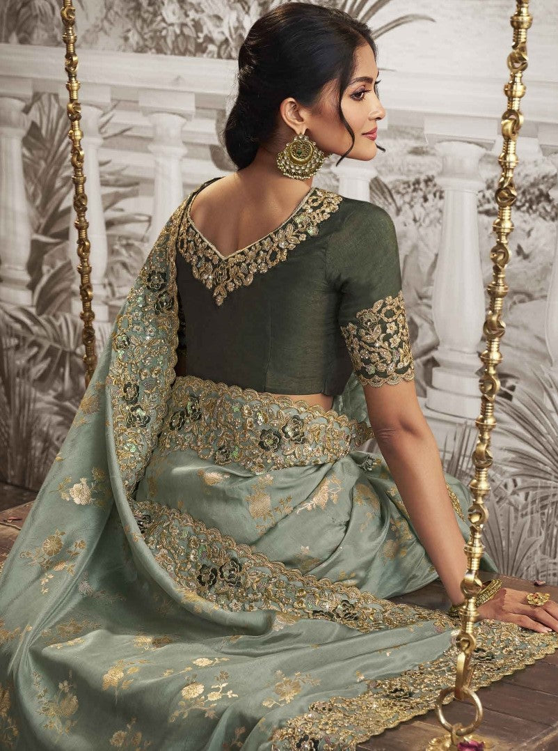 Mindy Green Heavy Embroidered Designer Silk Saree