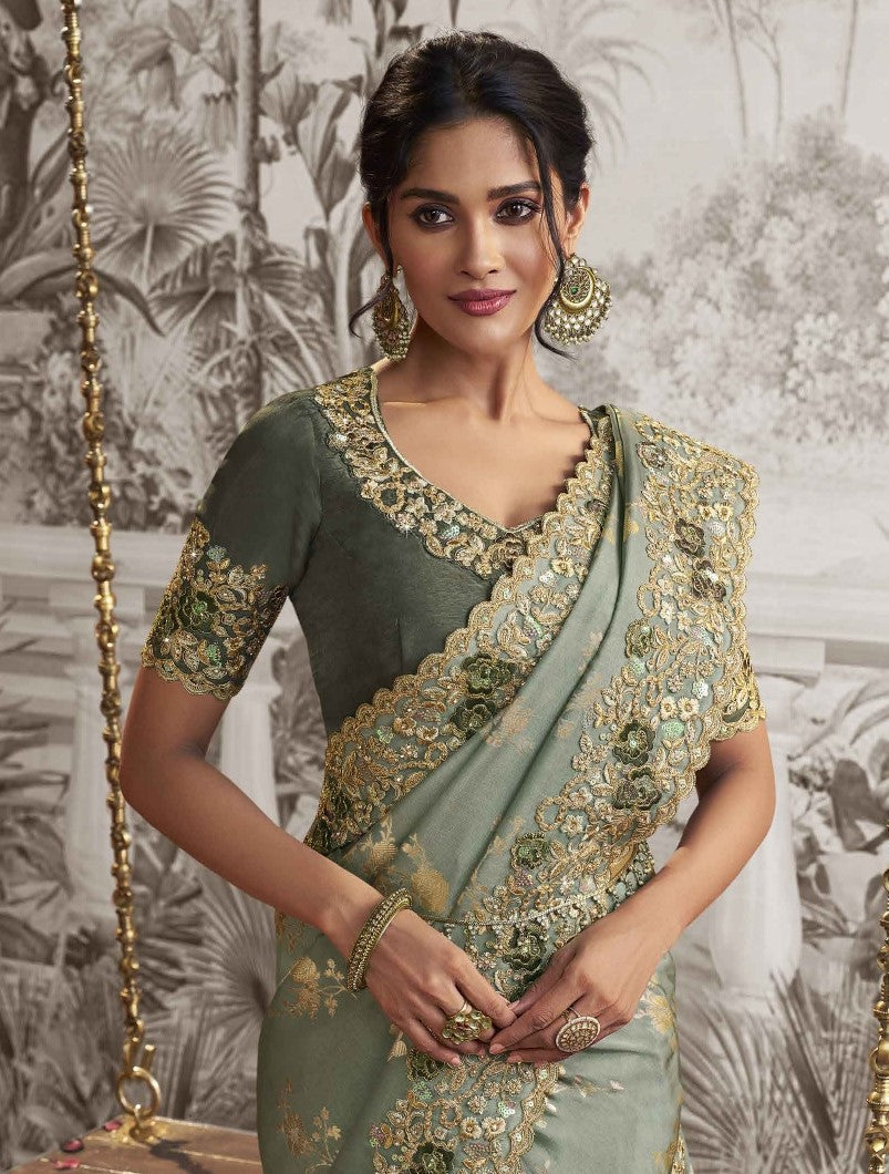 Mindy Green Heavy Embroidered Designer Silk Saree