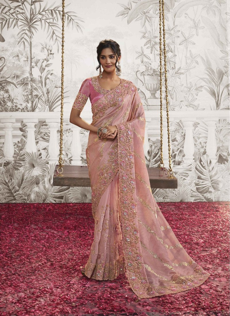 Blush Pink Heavy Embroidered Designer Silk Saree