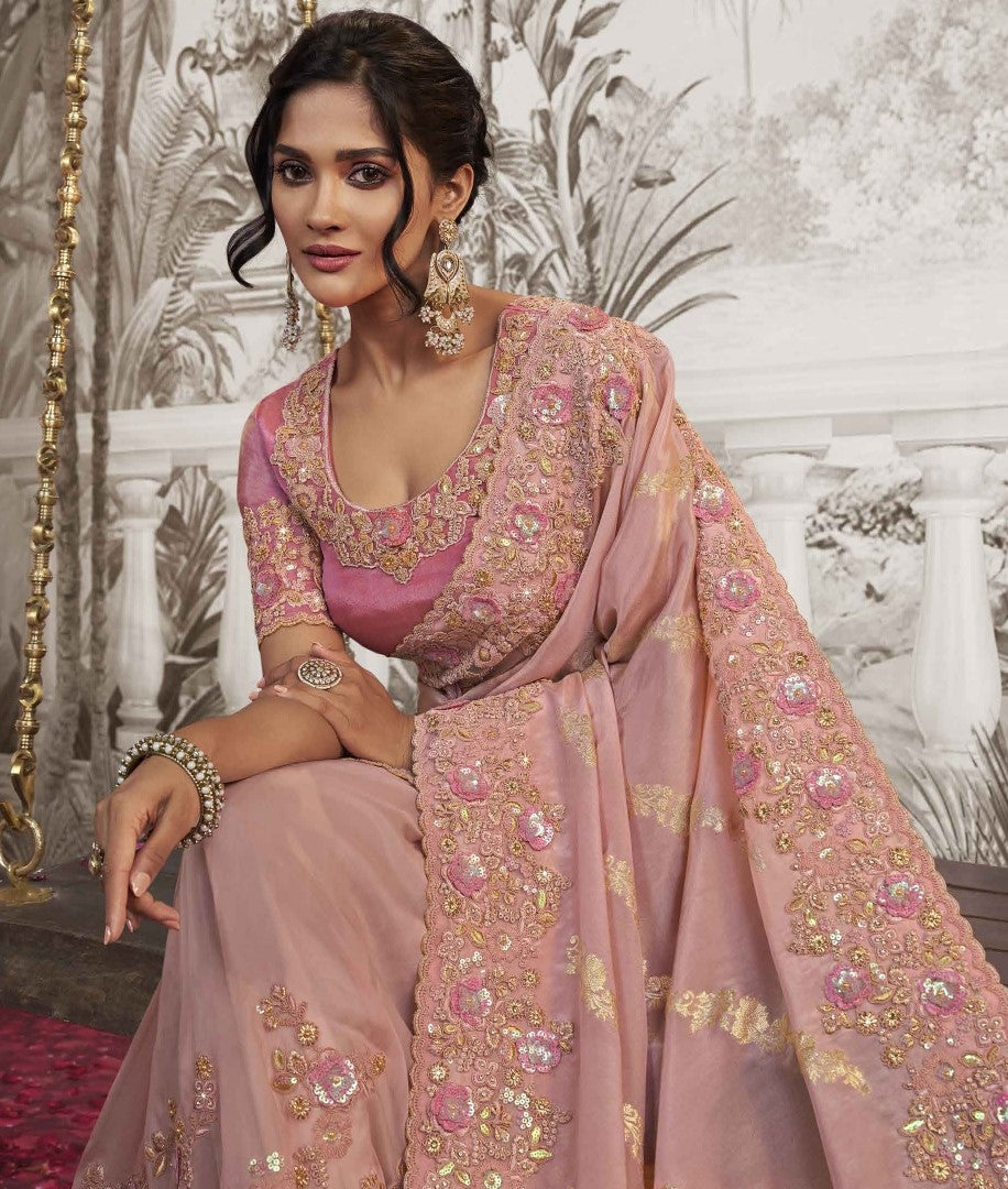 Blush Pink Heavy Embroidered Designer Silk Saree