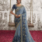 Bluish Grey Heavy Embroidered Designer Silk Saree