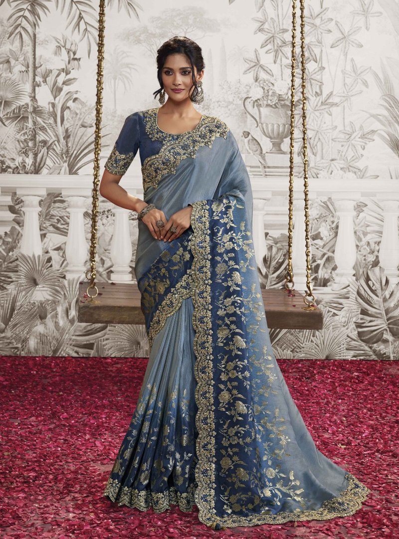 Bluish Grey Heavy Embroidered Designer Silk Saree