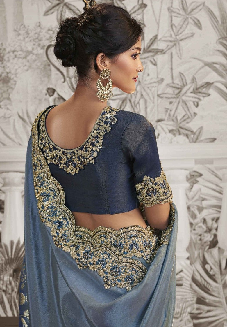 Bluish Grey Heavy Embroidered Designer Silk Saree