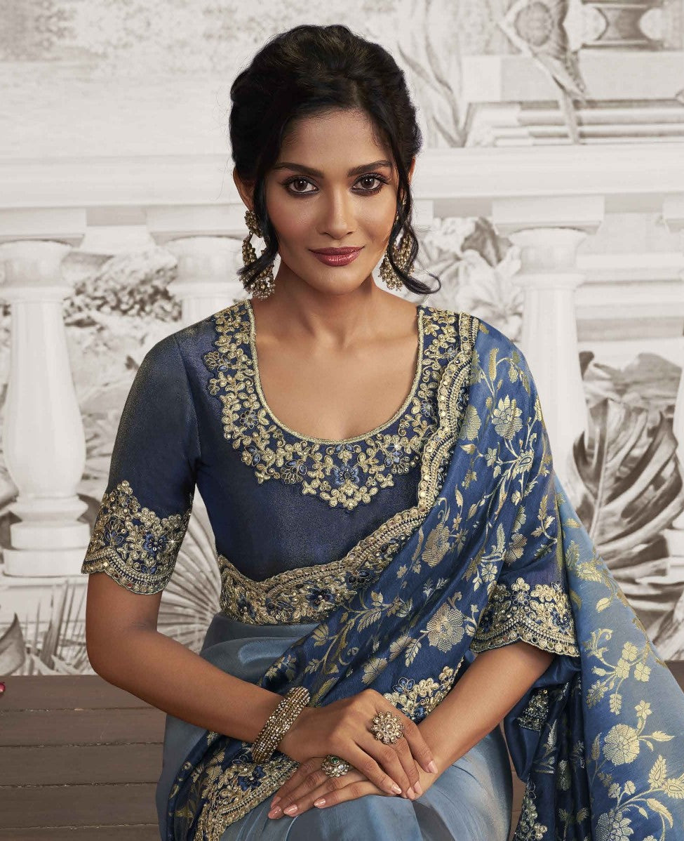 Bluish Grey Heavy Embroidered Designer Silk Saree