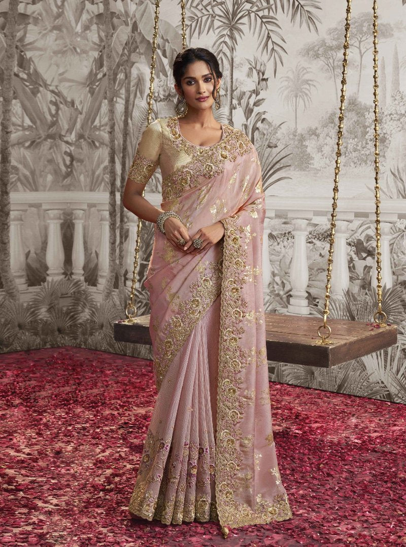 Powder Pink Heavy Embroidered Designer Silk Saree