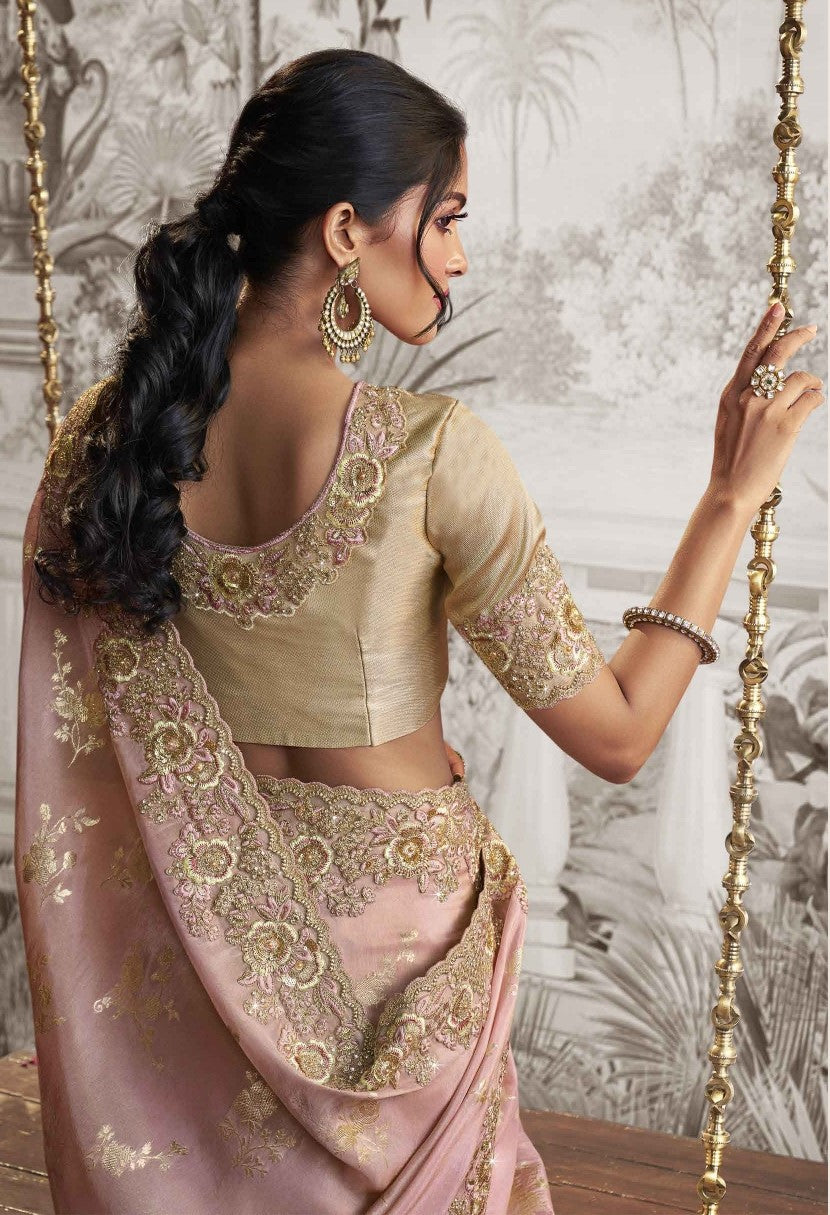 Powder Pink Heavy Embroidered Designer Silk Saree