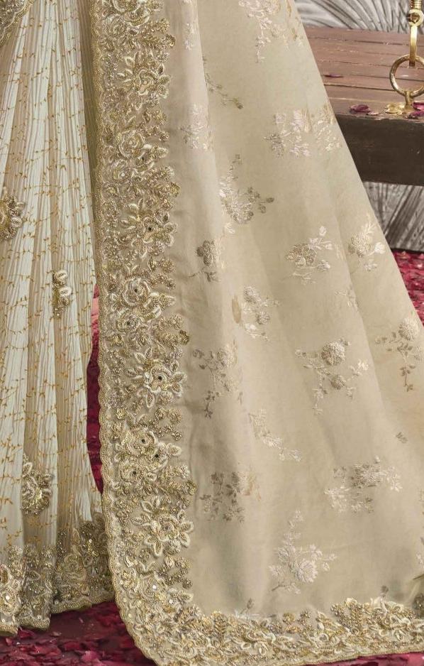 Ivory White Heavy Embroidered Designer Silk Saree