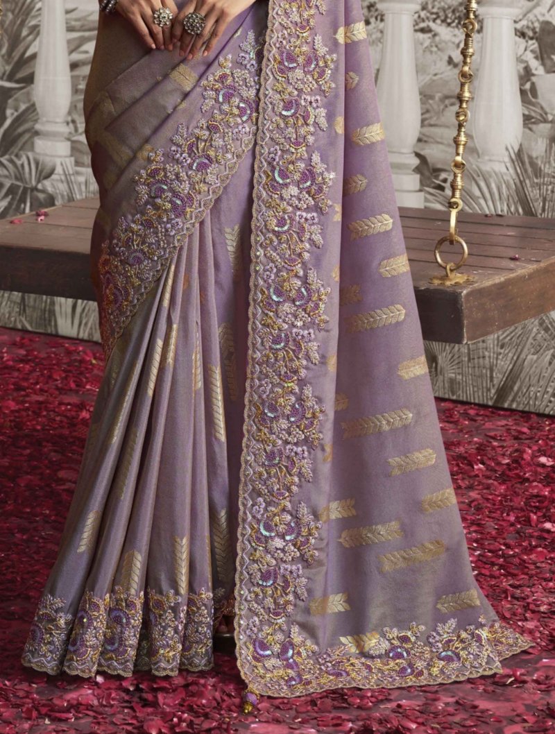 Light Mauve Heavy Embroidered Designer Silk Saree