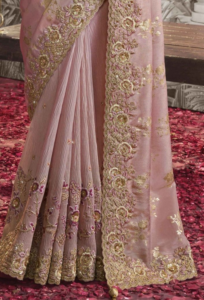 Powder Pink Heavy Embroidered Designer Silk Saree