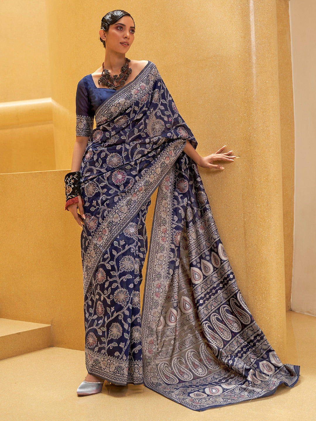 Navy Blue Weaved Lucknowi Chikankari Saree