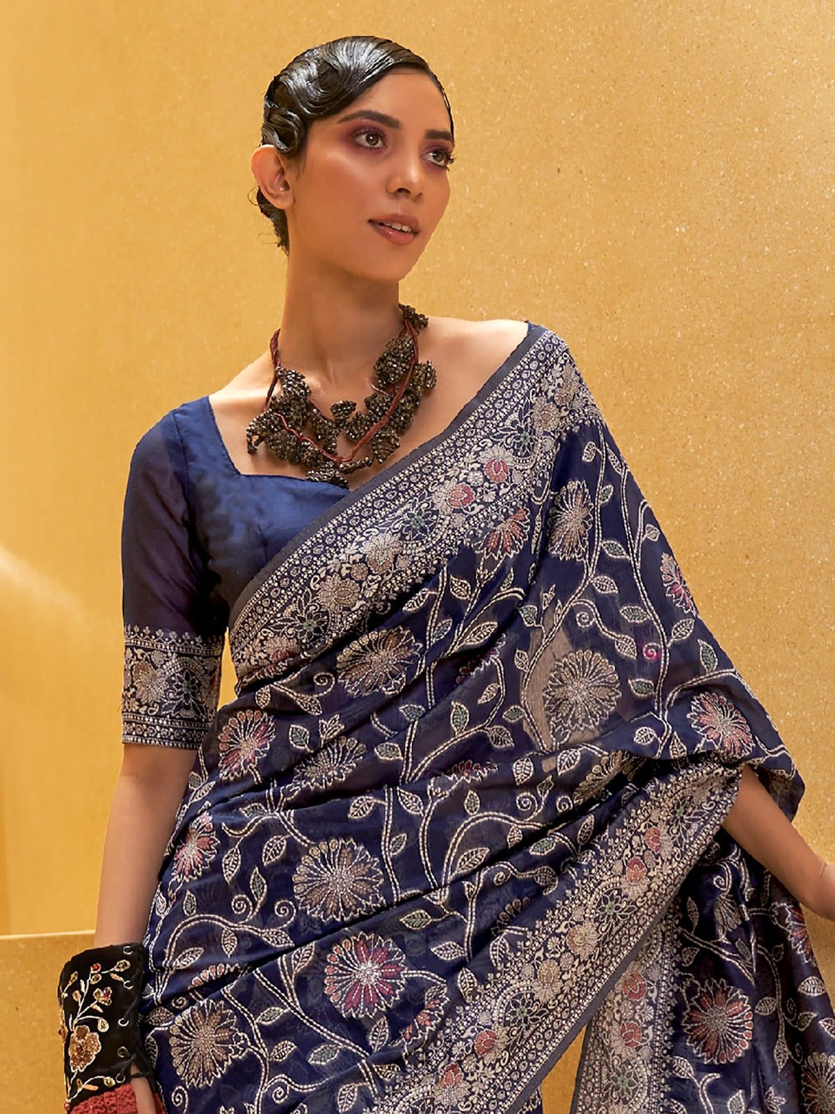 Navy Blue Weaved Lucknowi Chikankari Saree