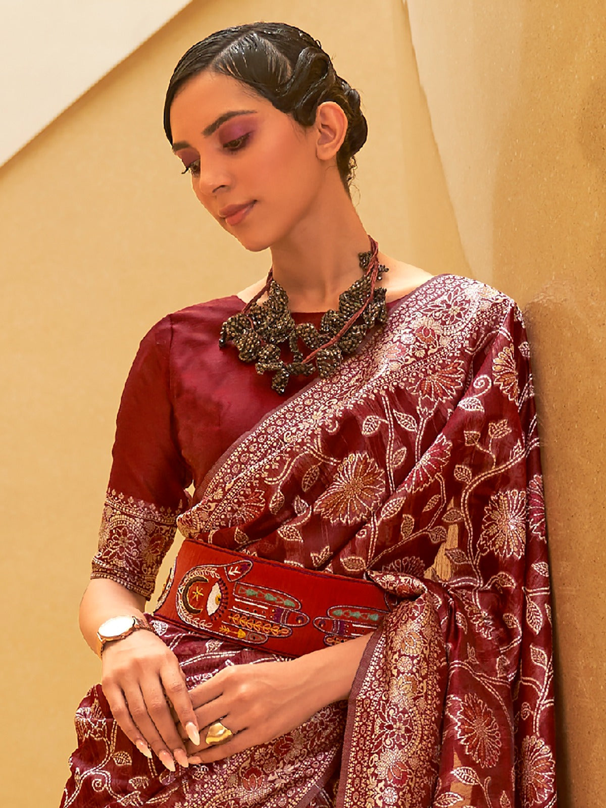 Maroon Weaved Lucknowi Chikankari Saree