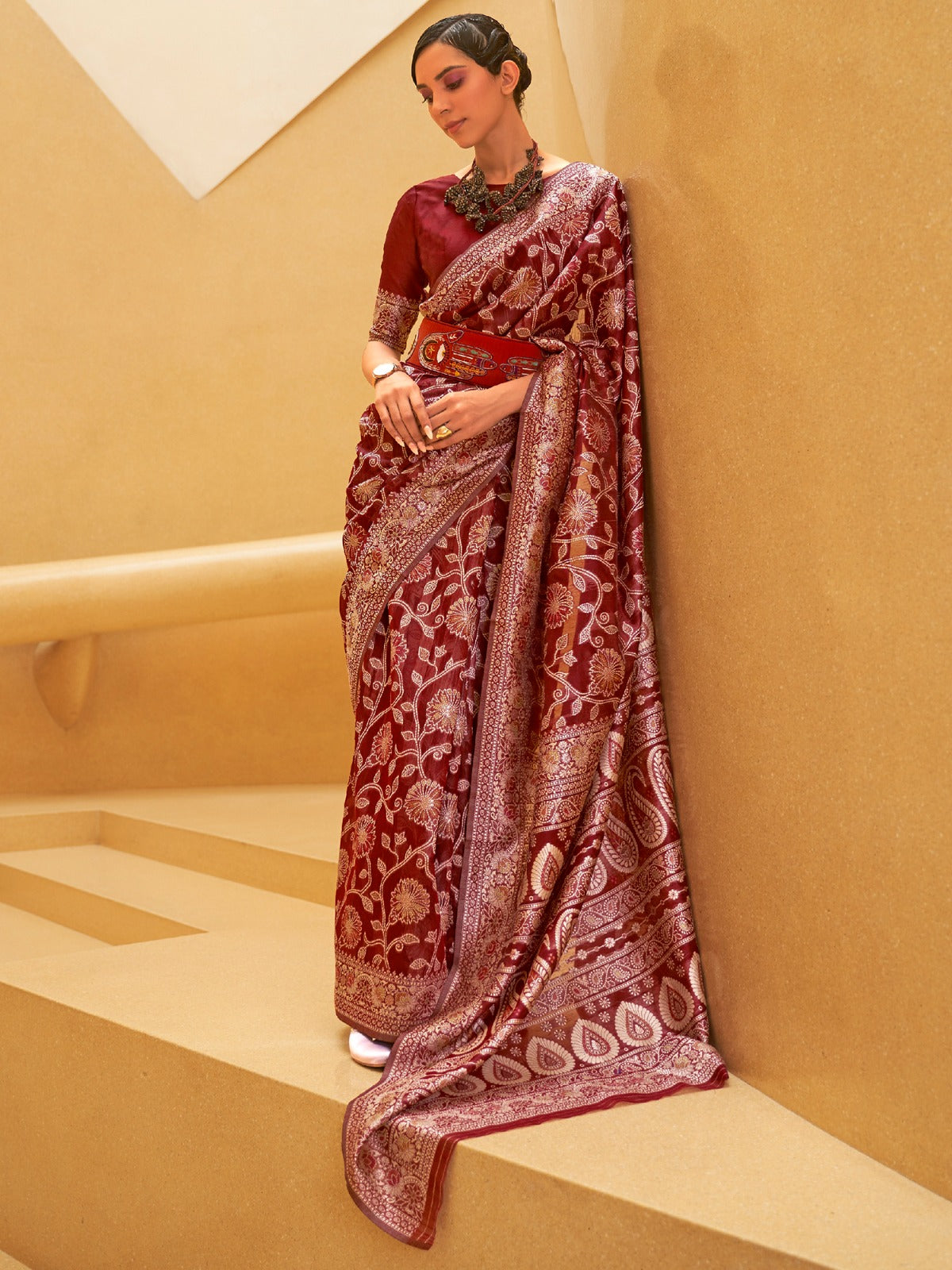 Maroon Weaved Lucknowi Chikankari Saree