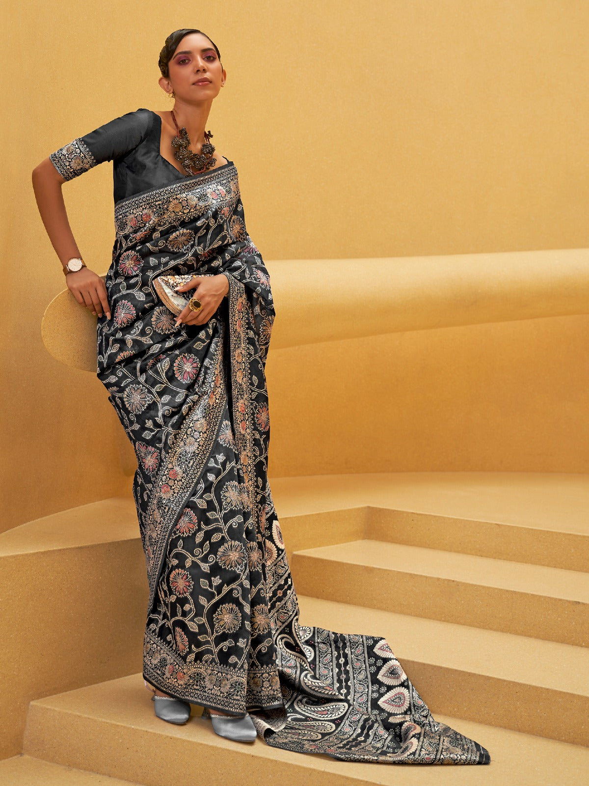 Black Weaved Lucknowi Chikankari Saree