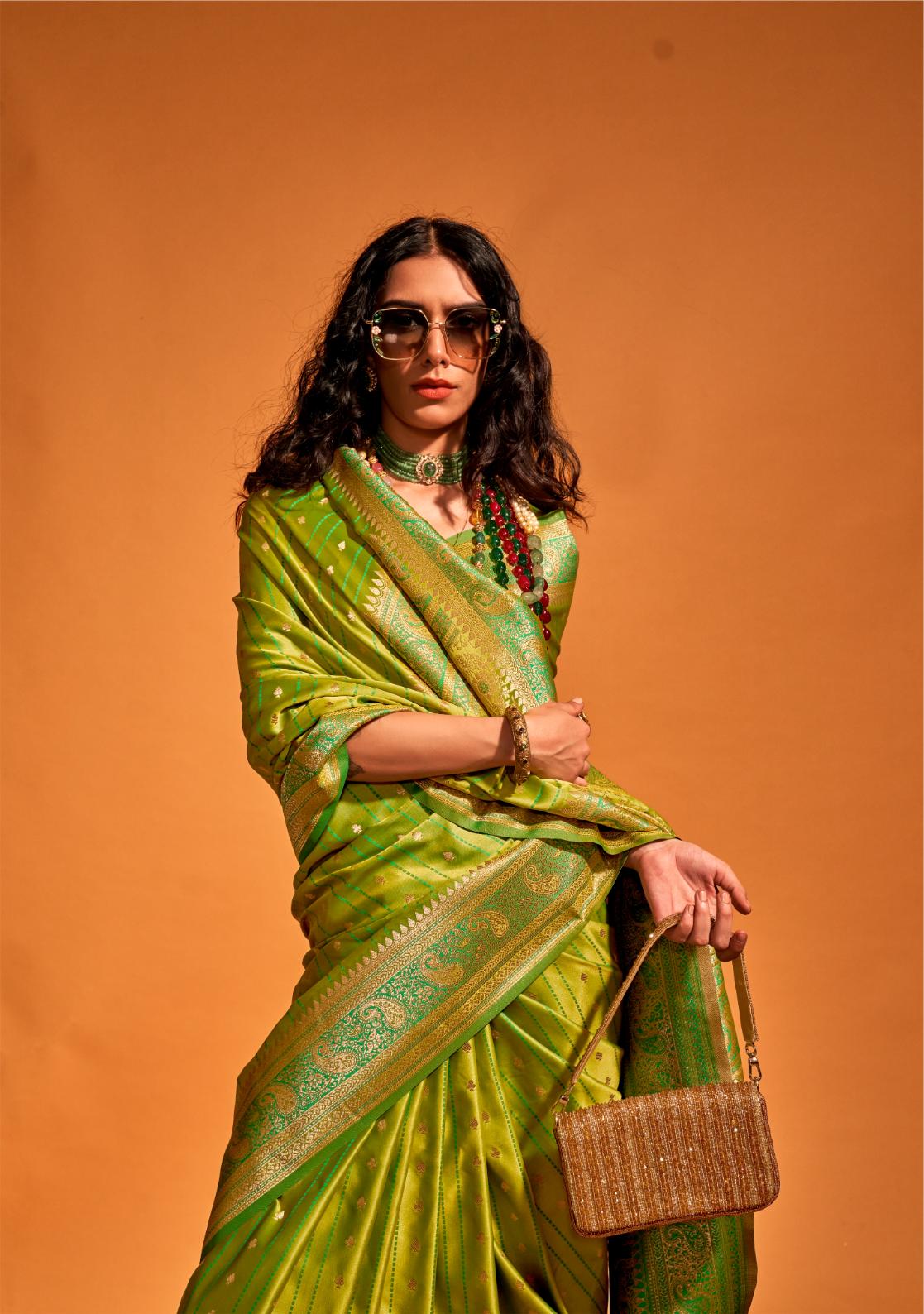 Parrot Green Soft Satin Silk Saree