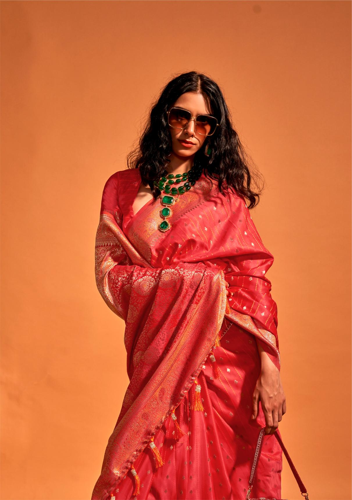 Carnation Red Soft Satin Silk Saree