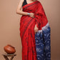 Bright Red & Indigo Wildflower Printed Handloom Cotton Mulmul Saree