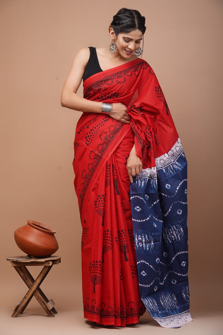 Bright Red & Indigo Wildflower Printed Handloom Cotton Mulmul Saree