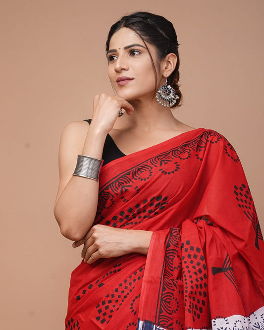 Bright Red & Indigo Wildflower Printed Handloom Cotton Mulmul Saree