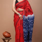 Bright Red & Indigo Wildflower Printed Handloom Cotton Mulmul Saree