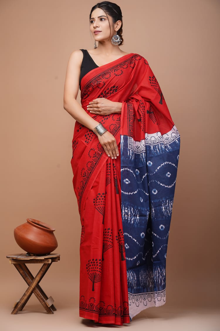 Bright Red & Indigo Wildflower Printed Handloom Cotton Mulmul Saree