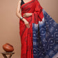 Bright Red & Indigo Wildflower Printed Handloom Cotton Mulmul Saree