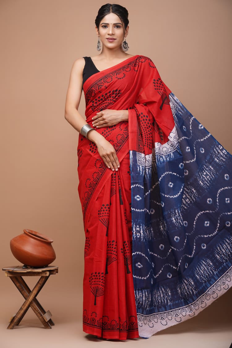 Bright Red & Indigo Wildflower Printed Handloom Cotton Mulmul Saree