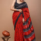 Bright Red & Black Batik Printed Handloom Cotton Mulmul Saree