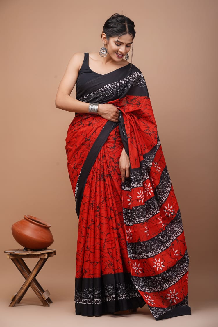 Bright Red & Black Batik Printed Handloom Cotton Mulmul Saree