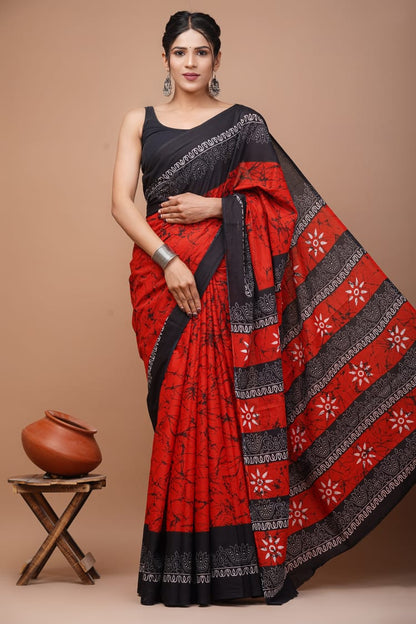 Bright Red & Black Batik Printed Handloom Cotton Mulmul Saree