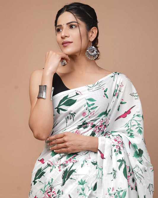 White Floral Printed Handloom Cotton Mulmul Saree