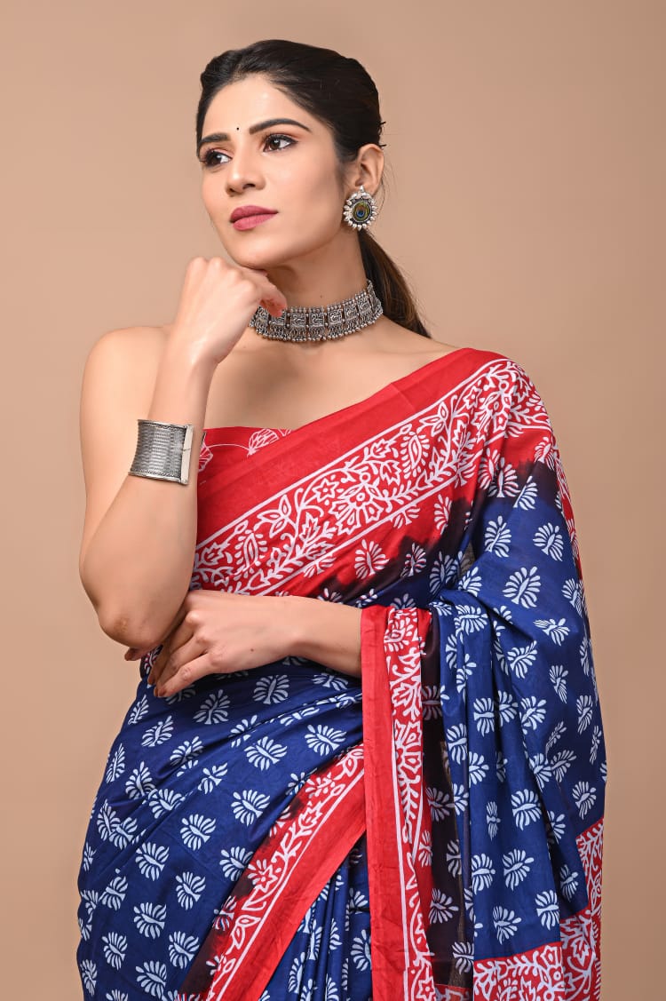 Featuring an Indigo blue printed saree paired with organza based printed  blouse with antique and silver hand embroidery. Now… | Instagram