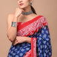 Indigo & Red Block Printed Handloom Cotton Mulmul Saree