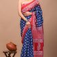 Indigo & Red Block Printed Handloom Cotton Mulmul Saree