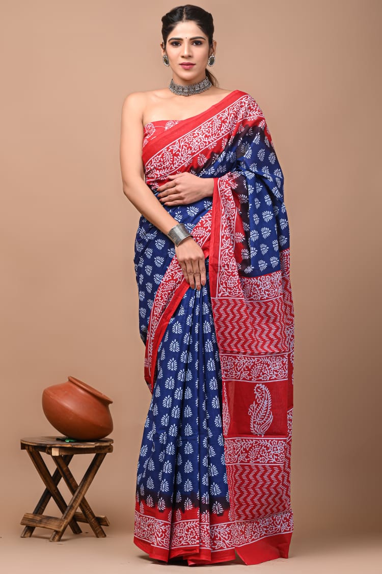 Indigo & Red Block Printed Handloom Cotton Mulmul Saree