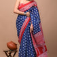 Indigo & Red Block Printed Handloom Cotton Mulmul Saree