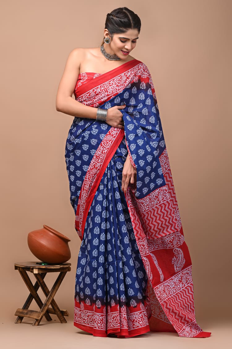 Indigo & Red Block Printed Handloom Cotton Mulmul Saree