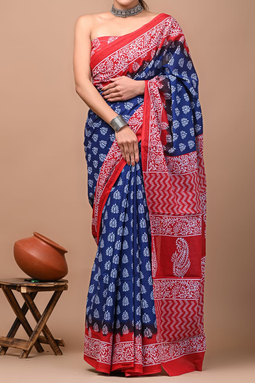 Indigo & Red Block Printed Handloom Cotton Mulmul Saree