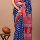 Indigo & Red Block Printed Handloom Cotton Mulmul Saree