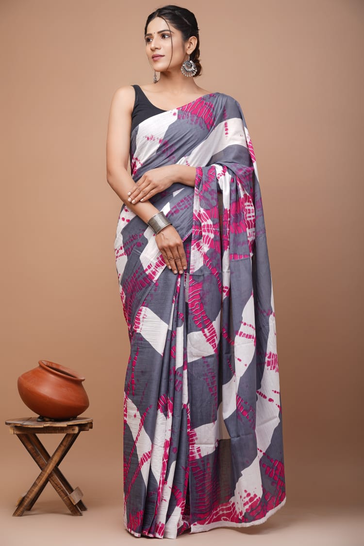 Indigo & Red Block Printed Handloom Cotton Mulmul Saree