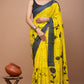 Bright Yellow Floral Printed Handloom Cotton Mulmul Saree