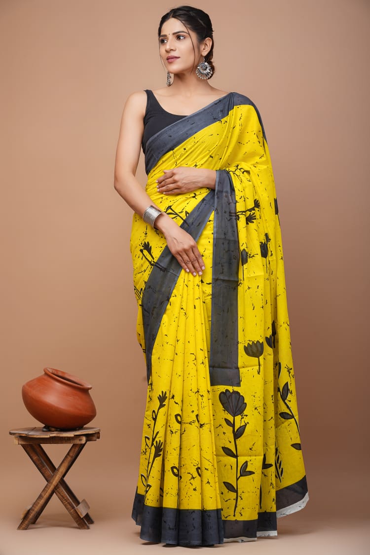 Bright Yellow Floral Printed Handloom Cotton Mulmul Saree