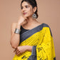 Bright Yellow Floral Printed Handloom Cotton Mulmul Saree