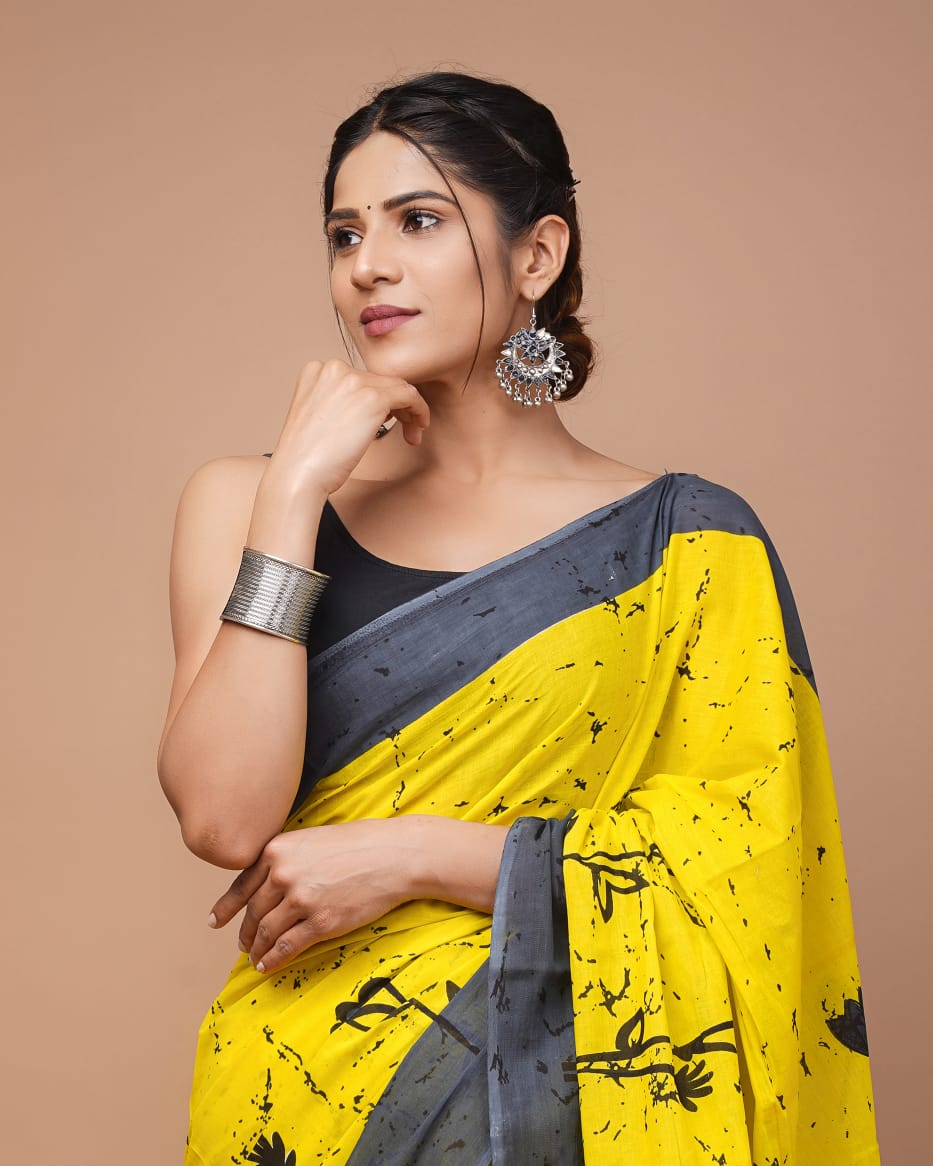 Bright Yellow Floral Printed Handloom Cotton Mulmul Saree