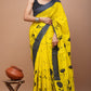 Bright Yellow Floral Printed Handloom Cotton Mulmul Saree