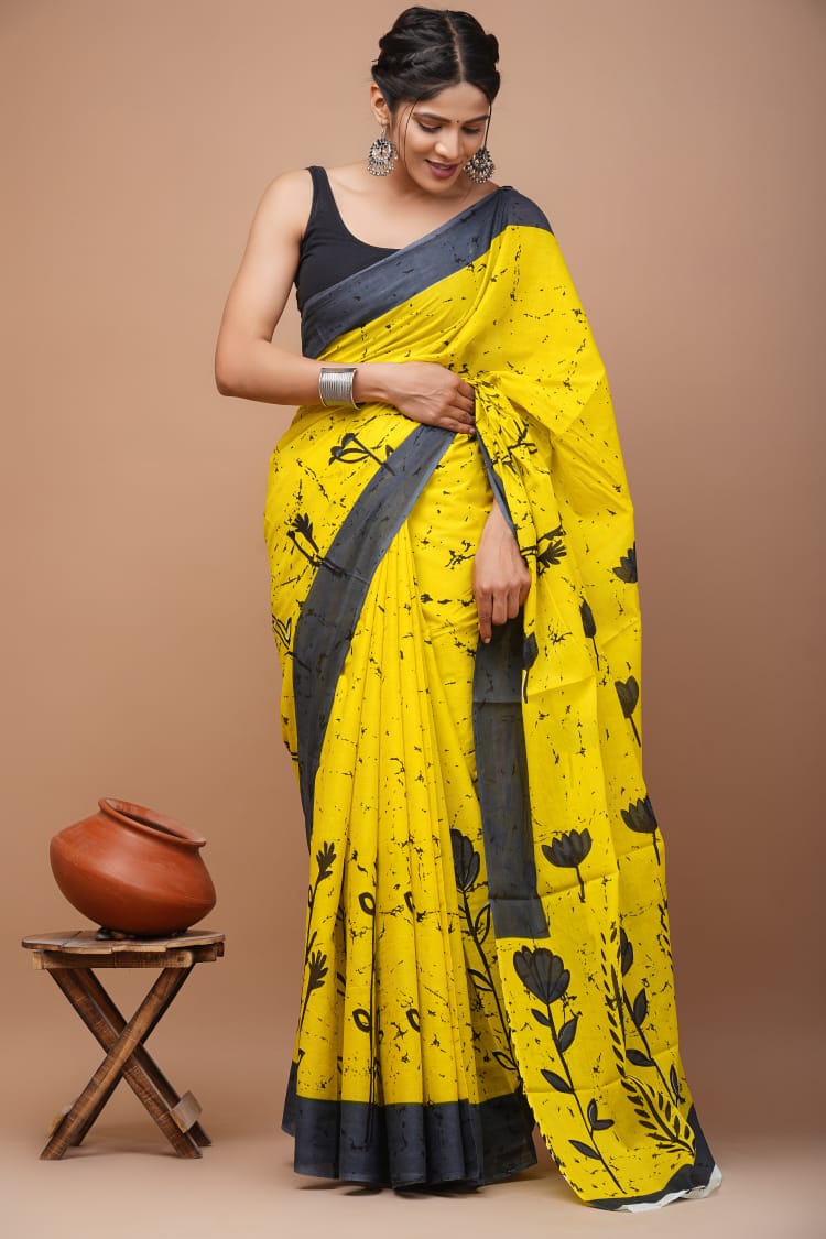 Bright Yellow Floral Printed Handloom Cotton Mulmul Saree